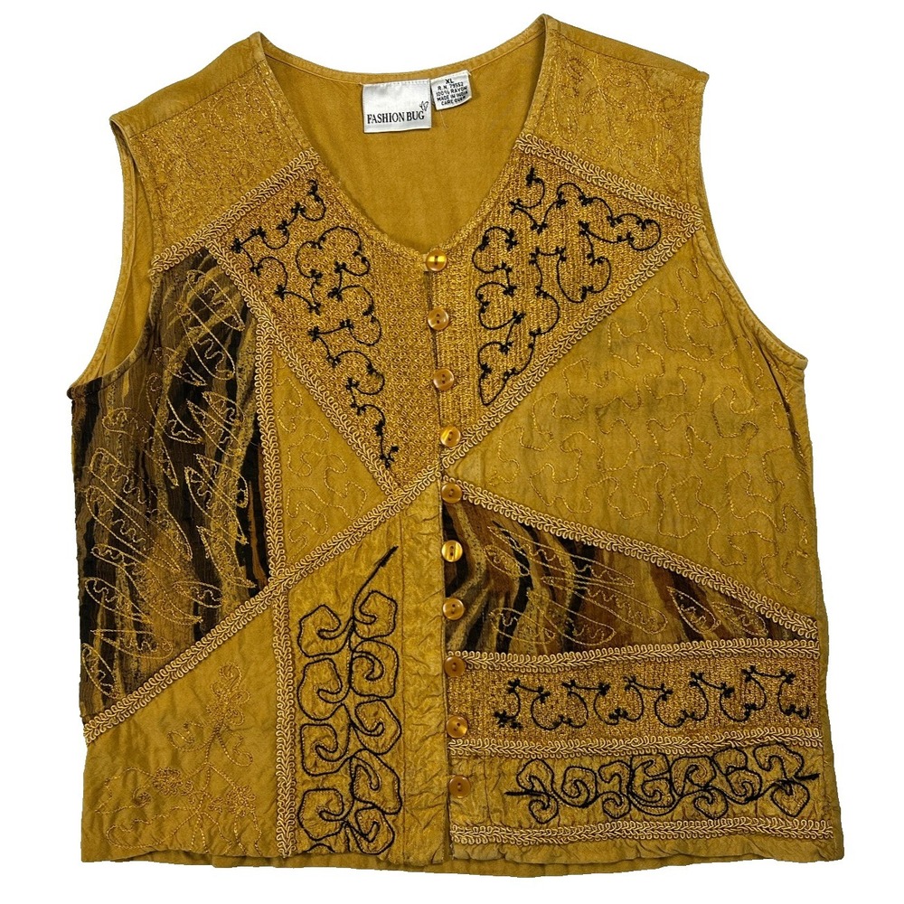 Vintage Fashion Bug Vest XL Gold Mustard Patchwork Embroidery Velvet Beaded 90s